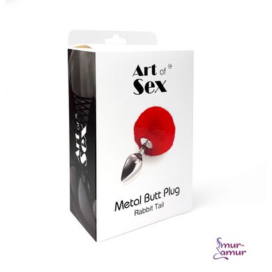 Металлическая анальная пробка М Art of Sex - Metal Butt plug Rabbit Tail, Красный фото и описание