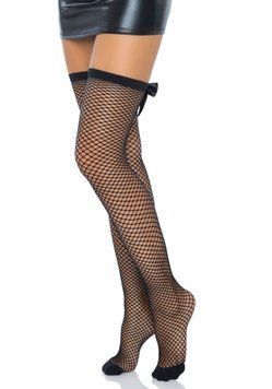 Чулки-сетка со швом сзади Leg Avenue Bow back seam thigh highs One size Black, атласный бант фото и описание