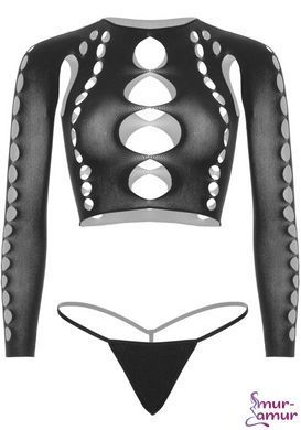 Комплект бесшовного белья Leg Avenue Long sleeve crop top & string Black, One Size, топ, стринги фото и описание