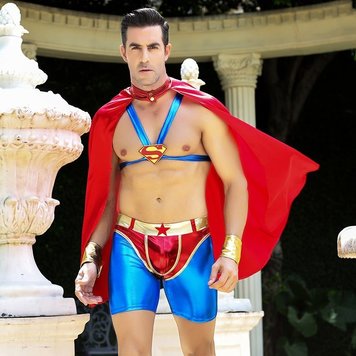 Мужской эротический костюм супермена "Готовый на всё Стив" One Size: плащ, портупея, шорты, манжеты фото и описание