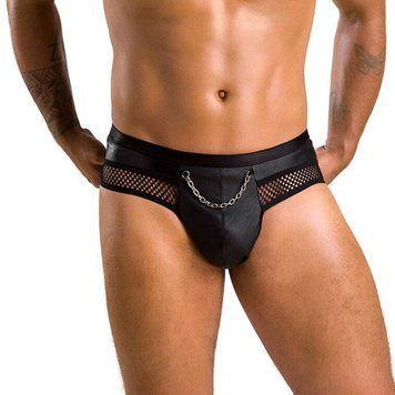Чоловічі труси з ланцюжком Passion 030 SLIP TOM S/M Black, екошкіра, відкриті сідниці фото і опис