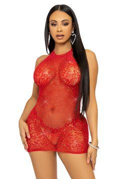 Платье-сетка со стразами Leg Avenue Rhinestone halter mini dress Red, открытая спина, one size фото и описание