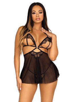 Сорочка беби-долл с открытыми чашками Leg Avenue Lace and mesh babydoll & panty Black M, стринги фото и описание