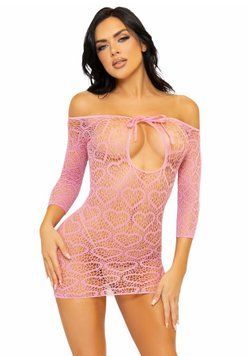Платье-сетка с сердечками Leg Avenue Heart net mini dress Pink, завязки, открытые плечи, one size фото и описание