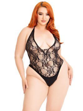 Тедди Leg Avenue Floral lace deep-V teddy, 1X/2X, черное, кружевное, открытая спина, высокие трусики фото и описание