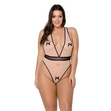 Боди Passion VIENA BODY 6XL/7XL, beige, контрастное, бантики, вставка-сетка, открытые ягодицы фото и описание