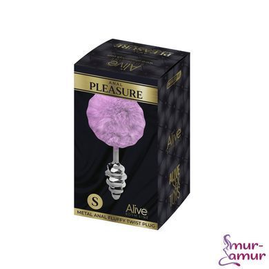 Металлическая анальная пробка Кроличий хвостик Alive Fluffy Twist Plug S Purple, диаметр 2,9 см