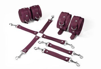 Набір для БДСМ 3 в 1 Feral Feelings BDSM Kit 3 Burgundy, burgundy, наручники, поножі, хрестовина фото і опис