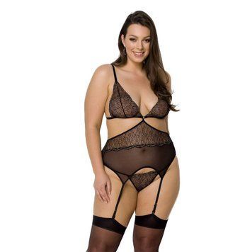 Корсет с пажами Passion AMBERLY CORSET 6XL/7XL, black, ассиметричный крой, кружева, стринги фото и описание