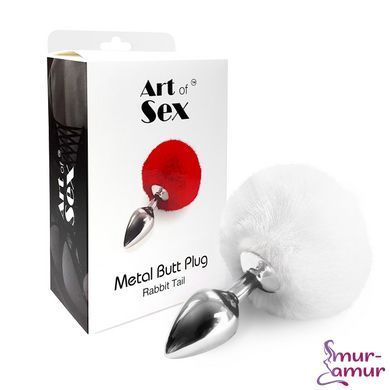 Металлическая анальная пробка М Art of Sex - Metal Butt plug Rabbit Tail White, диаметр 3,4 см