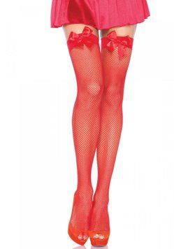 Чулки-сетка с атласным бантиком Leg Avenue Fishnet Thigh Highs With Bow One size, Red фото и описание