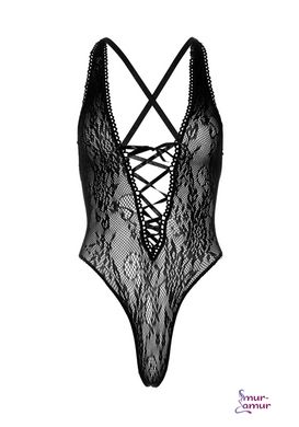 Кружевное боди Leg Avenue Floral lace thong teddy Black, шнуровка на груди, one size фото и описание