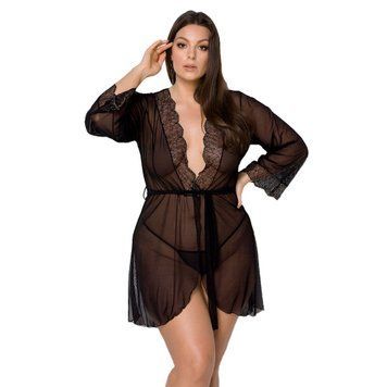 Пеньюар Passion AMBERLY PEIGNOIR 4XL/5XL, black, ажурні декольте та манжети, широкі рукави фото і опис
