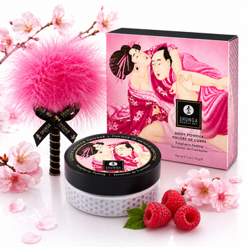 Смачна пудра для оральних пестощів Shunga Body Powder Raspberry feeling, 75 г, аромат малини фото і опис
