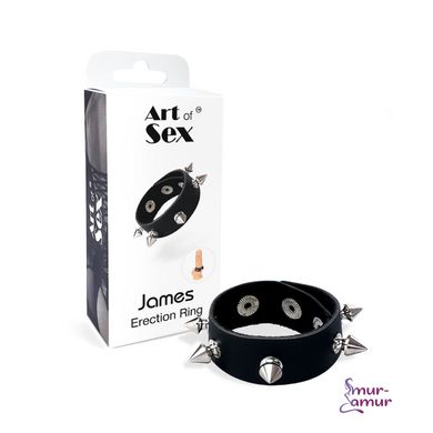 Эрекционное кольцо с шипами из натуральной кожи Art of Sex - James, цвет Черный фото и описание