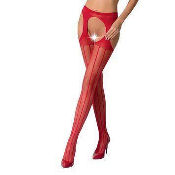 Сітчасті панчохи-стокінги Passion S018 One Size, Red, імітація пояса, сітка з вертикальними смужками фото і опис