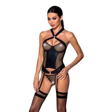 Сетчатый комплект корсет с халтером, съемные подвязки и трусики Passion AMANDA CORSET L/XL, black фото и описание