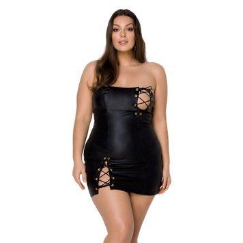 Мінісукня з екошкіри Passion CELINE CHEMISE 4XL/5XL, black, шнурівка, трусики в комплекті фото і опис