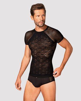 Мужская полупрозрачная футболка с орнаментом Obsessive T102 T-shirt S/M/L, черная фото и описание