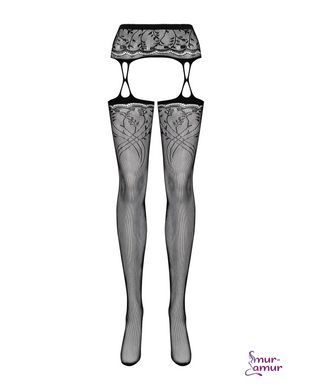 Чулки-стокинги с растительным рисунком Obsessive Garter stockings S206 black S/M/L черные, имитация фото и описание
