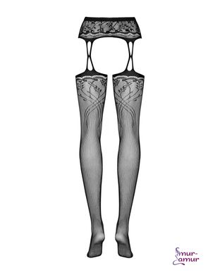 Чулки-стокинги с растительным рисунком Obsessive Garter stockings S206 black S/M/L черные, имитация фото и описание