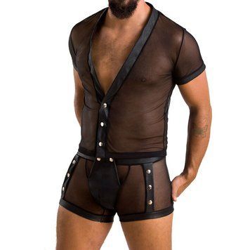 Комплект сетчатого мужского белья Passion 052 SET MICHAEL S/M black, рубашка, боксеры, заклепки фото и описание