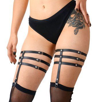 Гартеры со стразами Art of Sex - Floy, натуральная кожа, Размер XS - 2XL, цвет Черный фото и описание