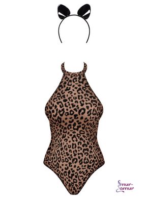 Эротический костюм леопарда Obsessive Leocatia teddy S/M, боди, обруч с ушками фото и описание