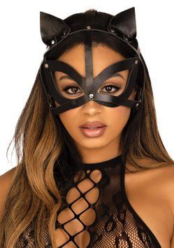 Маска кішки з екошкіри Leg Avenue Vegan leather studded cat mask Black фото і опис