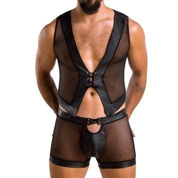 Комплект мужского белья на шнуровке Passion 053 SET WILLIAM L/XL Black, жилет, боксеры фото и описание
