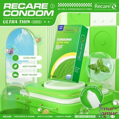 Презервативи Ultra Thin Mint Condoms Recare 12 шт, ультратонкі, аромат: м'ята