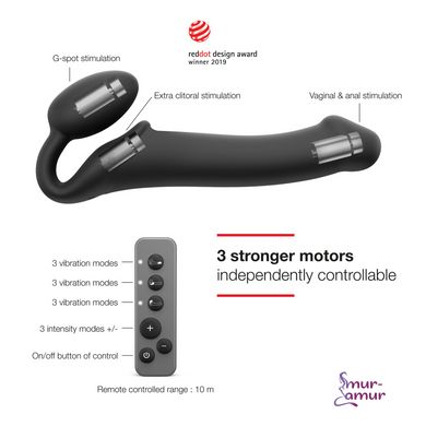 Безремневой страпон с вибрацией Strap-On-Me Vibrating Black L, диаметр 3,7см, пульт ДУ, регулируемый фото и описание