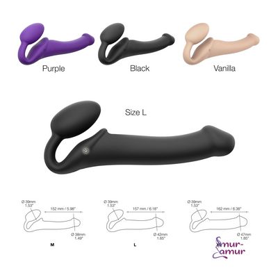 Безремневой страпон с вибрацией Strap-On-Me Vibrating Black L, диаметр 3,7см, пульт ДУ, регулируемый фото и описание