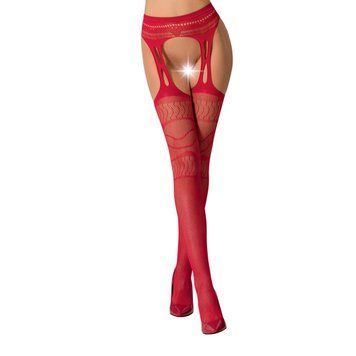 Сетчатые чулки-стокинги Passion S020 One Size, Red, ажурный узор, имитация пояса с гартерами фото и описание