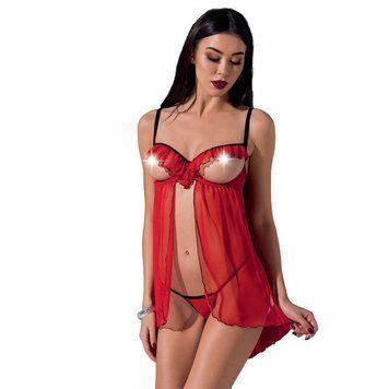 Прозорий пеньюар з відкритими грудьми CHERRY CHEMISE red L/XL - Passion Exclusive, трусики фото і опис