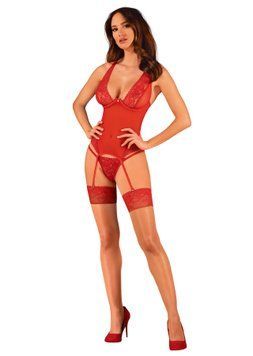 Прозорий корсет Obsessive Lacelove corset XS/S Red, мереживо, підв&rsquo;язки для панчіх фото і опис