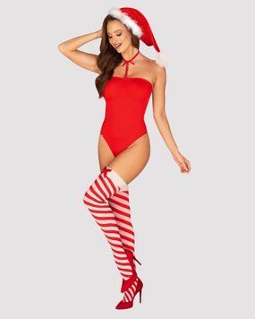 Тедди Obsessive Kissmas teddy, L/XL, красное, без бретелей, чокер, чулки и шапка с помпоном в наборе фото и описание