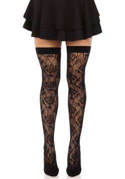 Чулки Leg Avenue Wild rose net thigh highs, One Size, черные, широкая резинка, рисунок-розы фото и описание