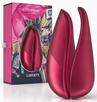 Вакуумний кліторальний стимулятор Womanizer Liberty Red, магнітна кришка, 2 насадки фото і опис