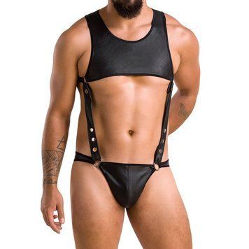 Чоловіче шкіряне боді Passion 056 ADAM L/XL Black, заклепки фото і опис