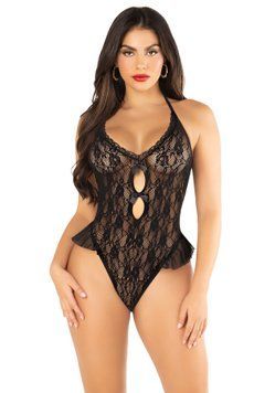Боди Leg Avenue Lace Floral Lace Halter Teddy with Flutter Accent One Size, Black фото и описание