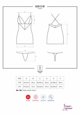 Сатиновый комплект для сна с кружевом Obsessive 828-CHE-1 chemise & thong S/M, черный, сорочка, стри фото и описание