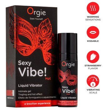Жидкий вибратор Orgie Sexy Vibe! Hot, 15 мл, согревающий, очень мощный, со вкусом клубники фото и описание