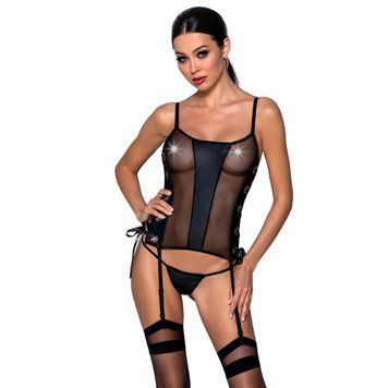 Сетчатый корсет с люверсами и съемными пажами Passion MALWIA CORSET L/XL, black, эко-кожа, стринги фото и описание