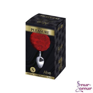 Металлическая анальная пробка Кроличий хвостик Alive Fluffy Plug S Red, диаметр 2,8 см