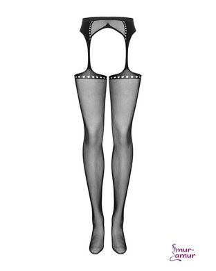 Сетчатые чулки-стокинги со стрелкой Obsessive Garter stockings S314 S/M/L, черные, имитация гартеров фото и описание