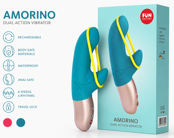 Мини вибратор-кролик со стимулирующей лентой Fun Factory AMORINO petrol/neon yellow, лента съемная фото и описание