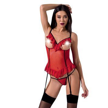 Корсет з відкритими грудьми CHERRY CORSET red S/M - Passion Exclusive, трусики, пажі, стрепи, оборки фото і опис