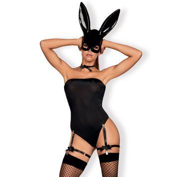 Еротичний костюм кролика Obsessive Bunny costume L/XL, black, боді, чокер, гартери, панчохи, маска фото і опис