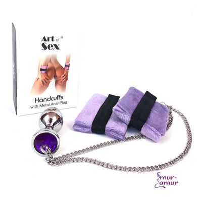 Наручники с металлической анальной пробкой Art of Sex Handcuffs with Metal Anal Plug size M Purple фото и описание
